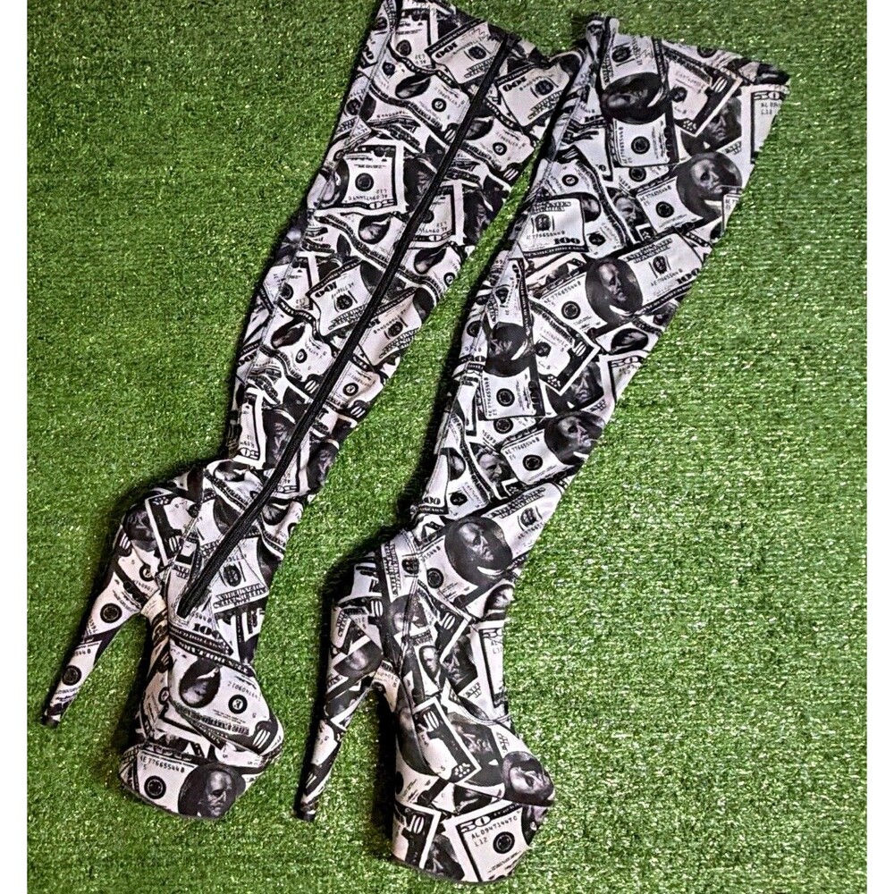 Adore-3000DP stretch thigh-high platform boots in a money-print pattern